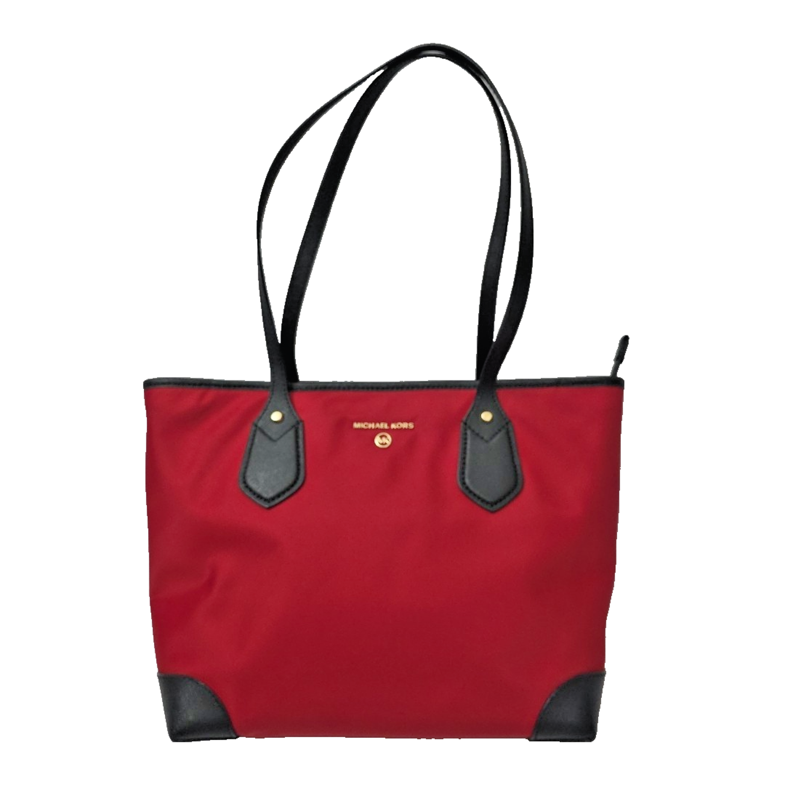 Michael Kors Eva Large Red Nylon Tote Bag Black Leather Trim Zip Super Clean